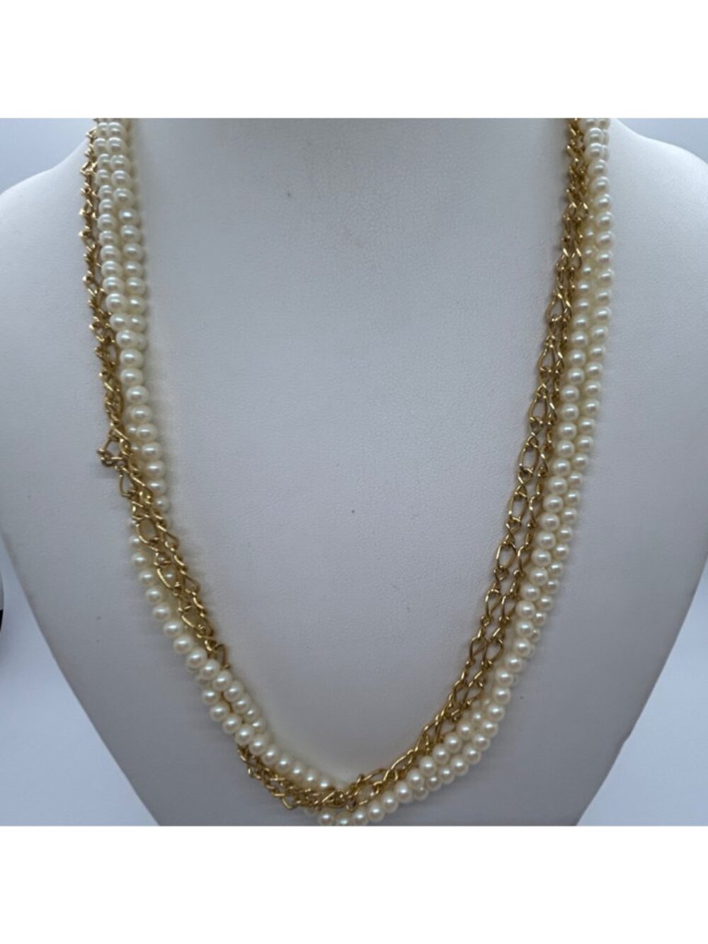 Vintage Stranded Necklace Faux Pearl Gold-tone Chain Torsade 20" Spring Ring - Picture 11 of 13